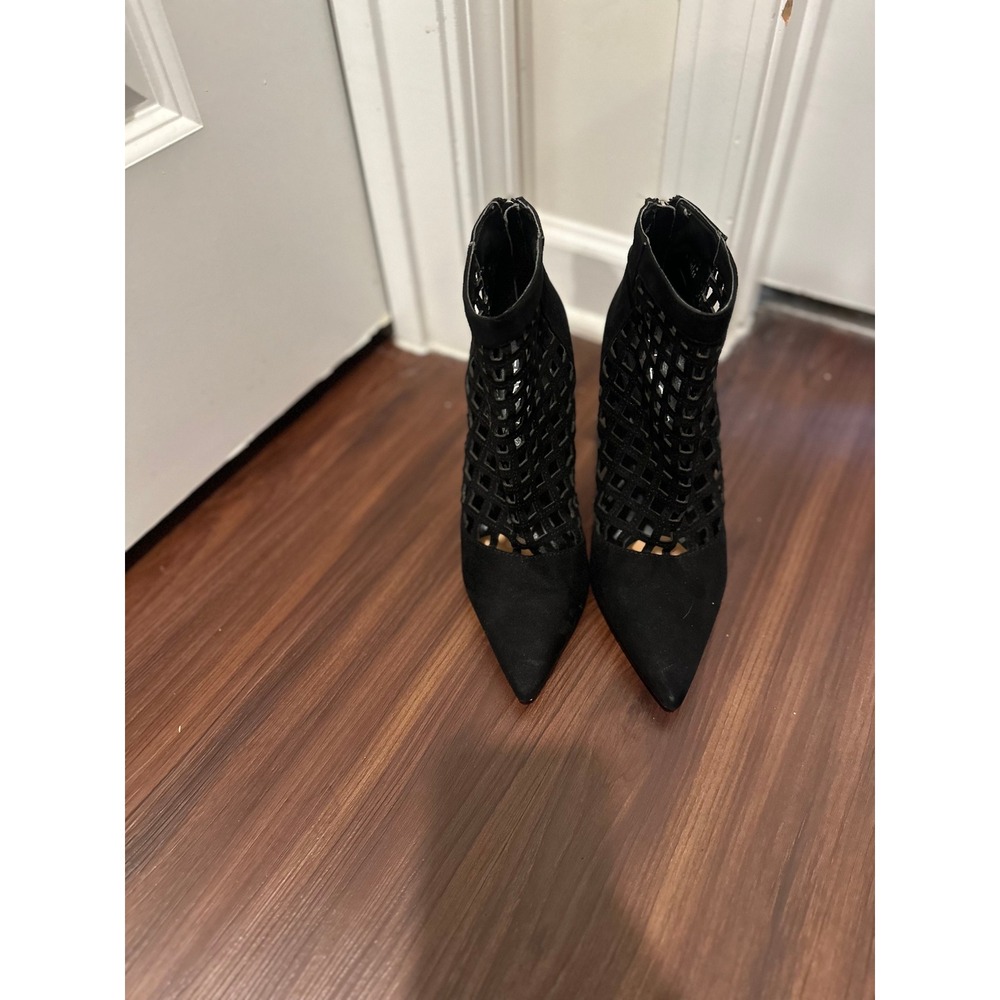 ALDO Black Suede Mesh Stiletto Heel Booties Ankle Boots Pointed Toe Zip